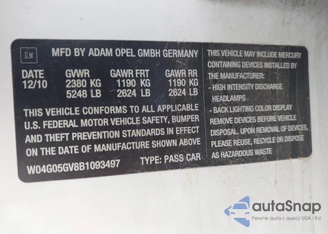 2011 Buick Regal Cxl Turbo Russelsheim from USA, damaged, VIN W04G05GV8B1093497